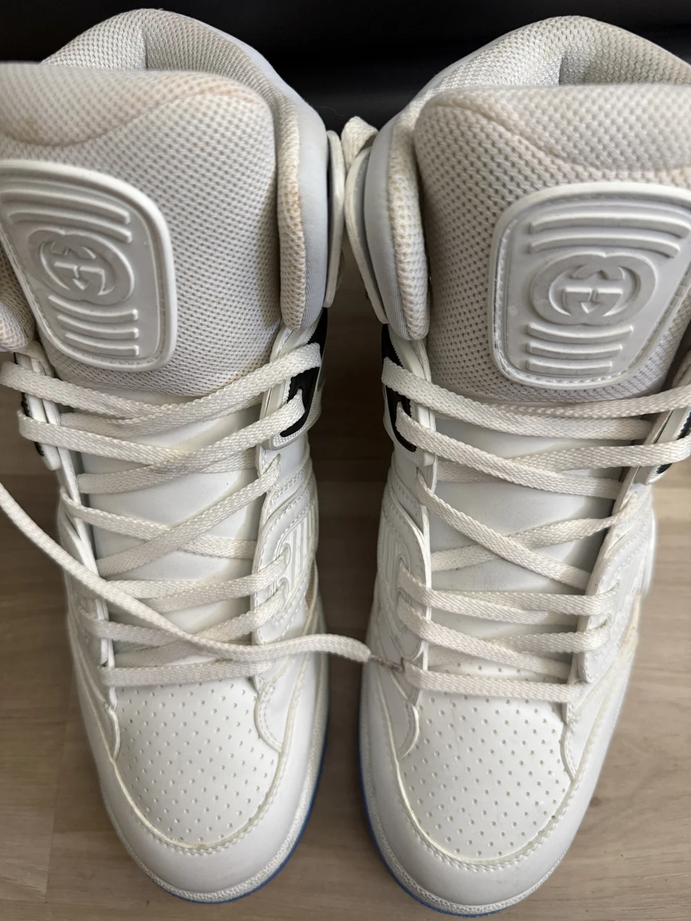 Gucci White High-Top Leather Sneakers with Subtle Blue Accent